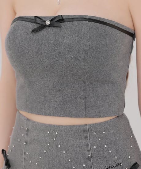 【XSサイズあり】Leather ribbon denim bare setup mini dress (anier4048)