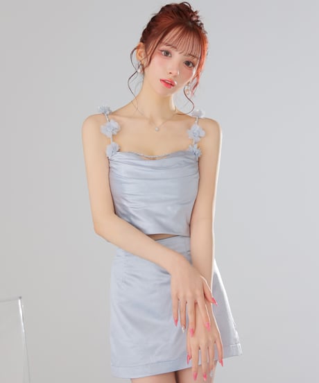 【XSサイズあり】パーツ取り外し可能♡フラワーストラップサテンセットアップミニキャバドレス(fm3461)