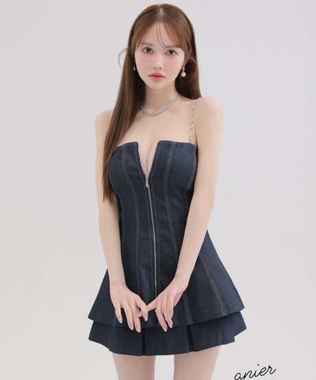 【XSサイズあり】Denim center zip flare setup mini dress (anier4050)