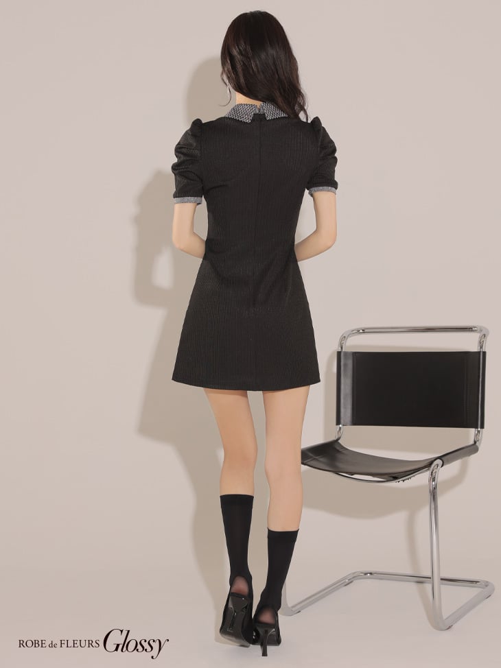 XSサイズあり】襟付きラメニットパイピングミニキャバドレス XSサイズあり】襟付きラメニットパイピングミニキャバドレス