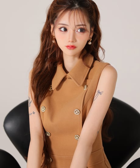 【XSサイズあり】襟付きノースリーブダブルボタンフレアミニキャバドレス(DE3365)