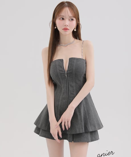 【XSサイズあり】Denim center zip flare setup mini dress (anier4050)