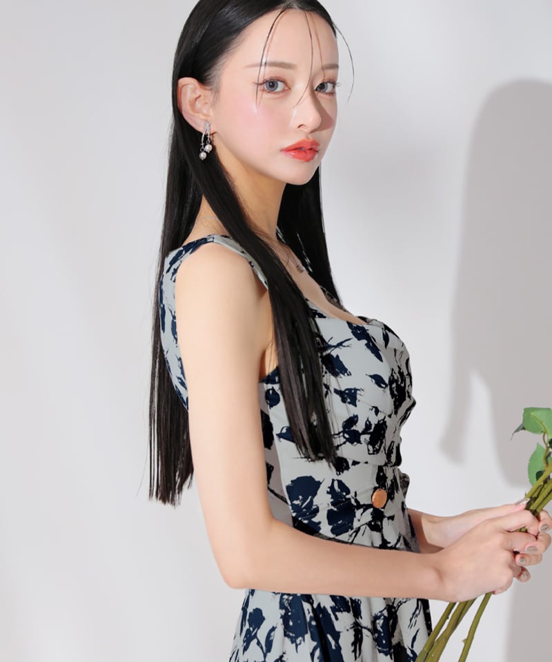 Lサイズあり】花柄スクエアネックフレアロングキャバドレス(DE3382