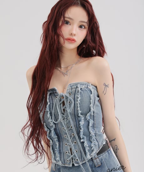 【XSサイズあり】Denim race up belt setup mini dress (anier4049)