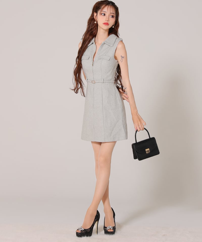 XSサイズあり】襟付きバストジップノースリーブベルトデザインミニ