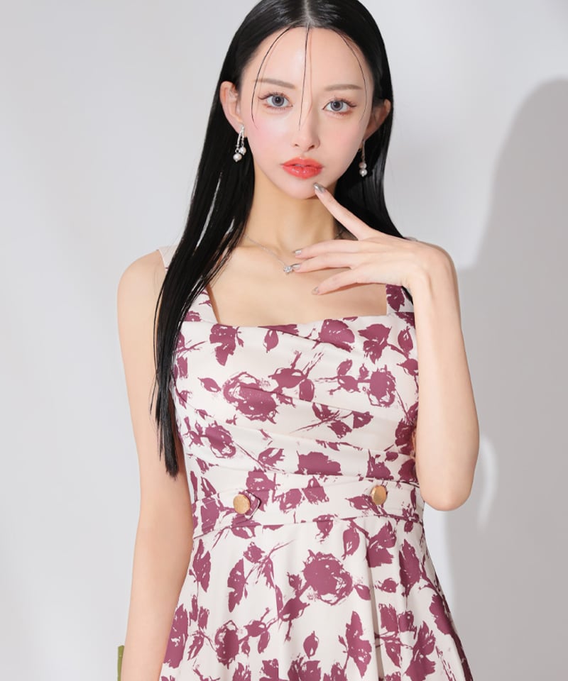 花柄スクエアネックフレアロングキャバドレス S Lサイズあり】花柄