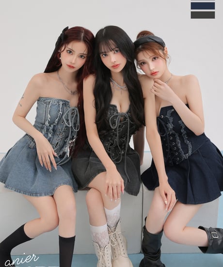 【XSサイズあり】Denim race up belt setup mini dress (anier4049)