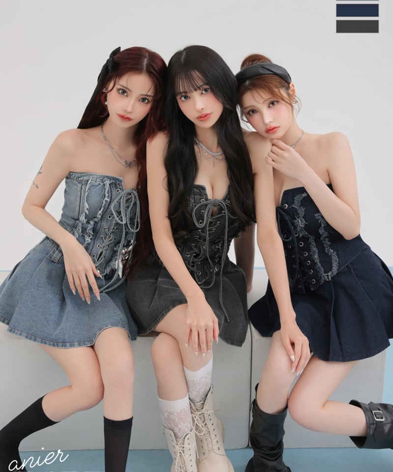 XSサイズあり】Denim race up belt setup mini dress (a