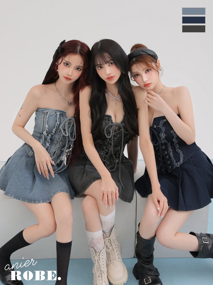 ROBE de FLEURS デニムレースアップベルトセットアップミニドレス ROBE de FLEURS デニムレースアップベルトセットアップミニドレス