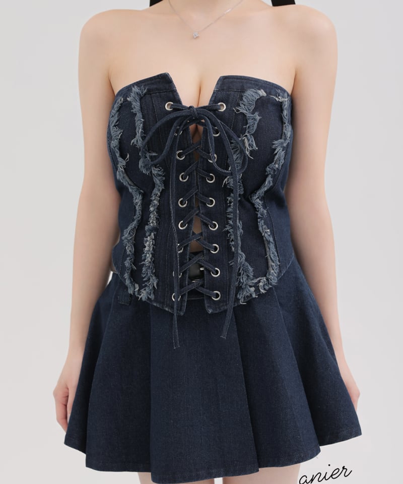 XSサイズあり】Denim race up belt setup mini dress (a