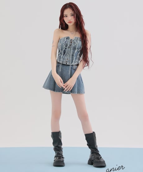 【XSサイズあり】Denim race up belt setup mini dress (anier4049)