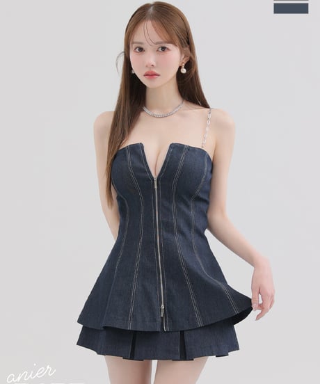【XSサイズあり】Denim center zip flare setup mini dress (anier4050)