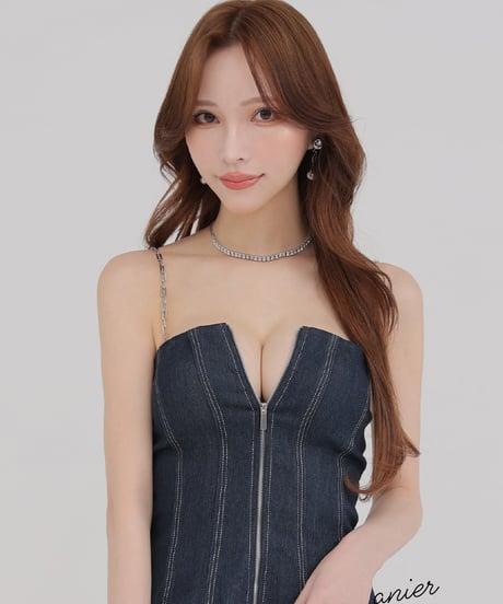 【XSサイズあり】Denim center zip flare setup mini dress (anier4050)