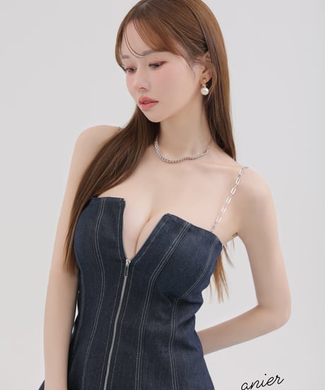 【XSサイズあり】Denim center zip flare setup mini dress (anier4050)