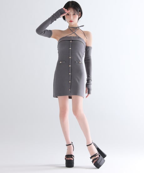 【XSサイズあり】アームウォーマー付きリブニットフロントボタンタイトミニミニキャバドレス(GL4321)