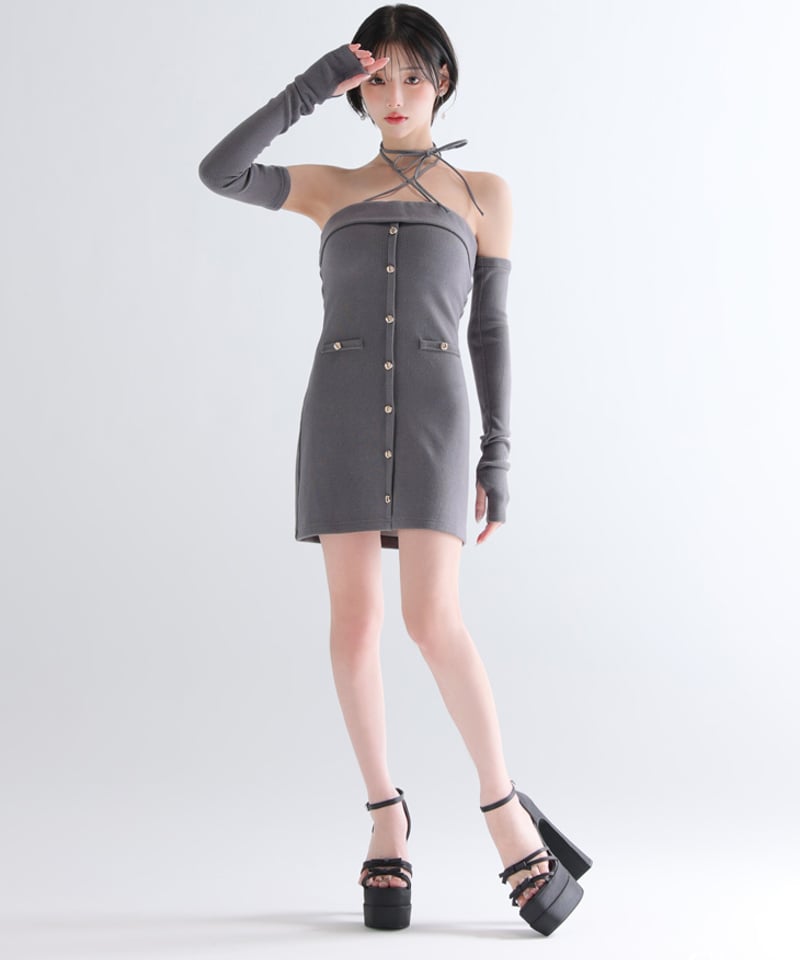 XSサイズあり】アームウォーマー付きリブニットフロントボタンタイト