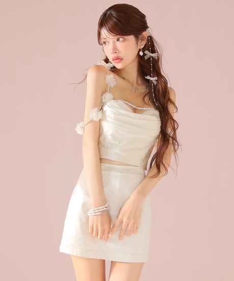【XSサイズあり】パーツ取り外し可能♡フラワーストラップサテンセットアップミニキャバドレス(fm3461)