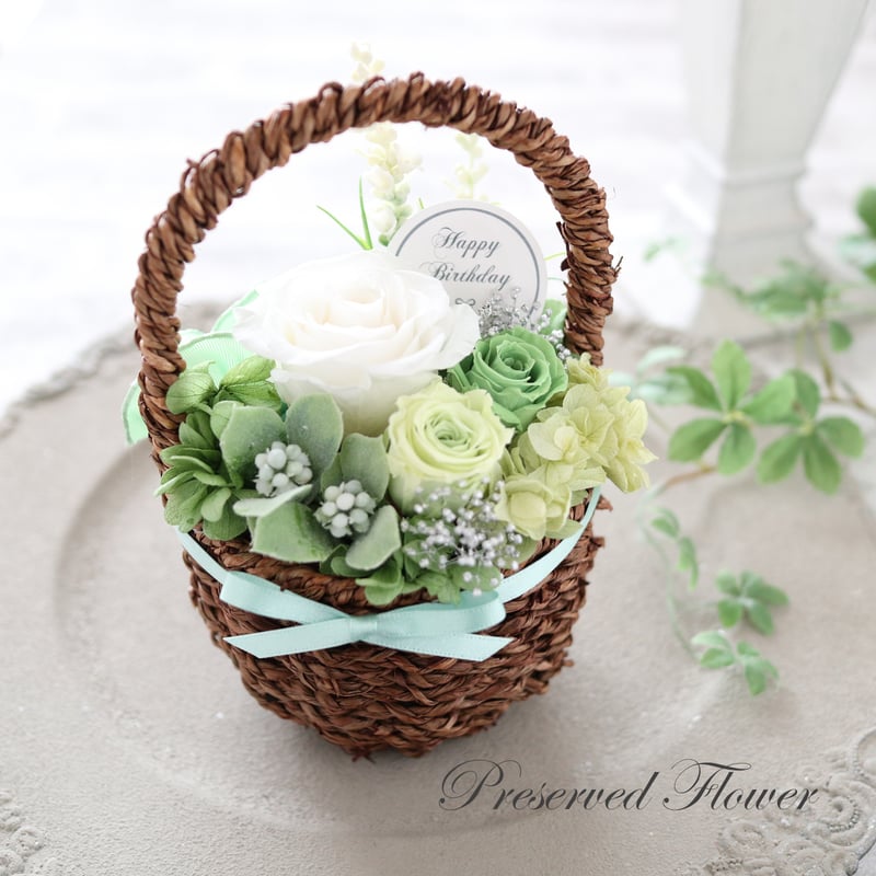 Preserved Flower】グリーン系の爽やかなプチフラワーバスケット｜誕生