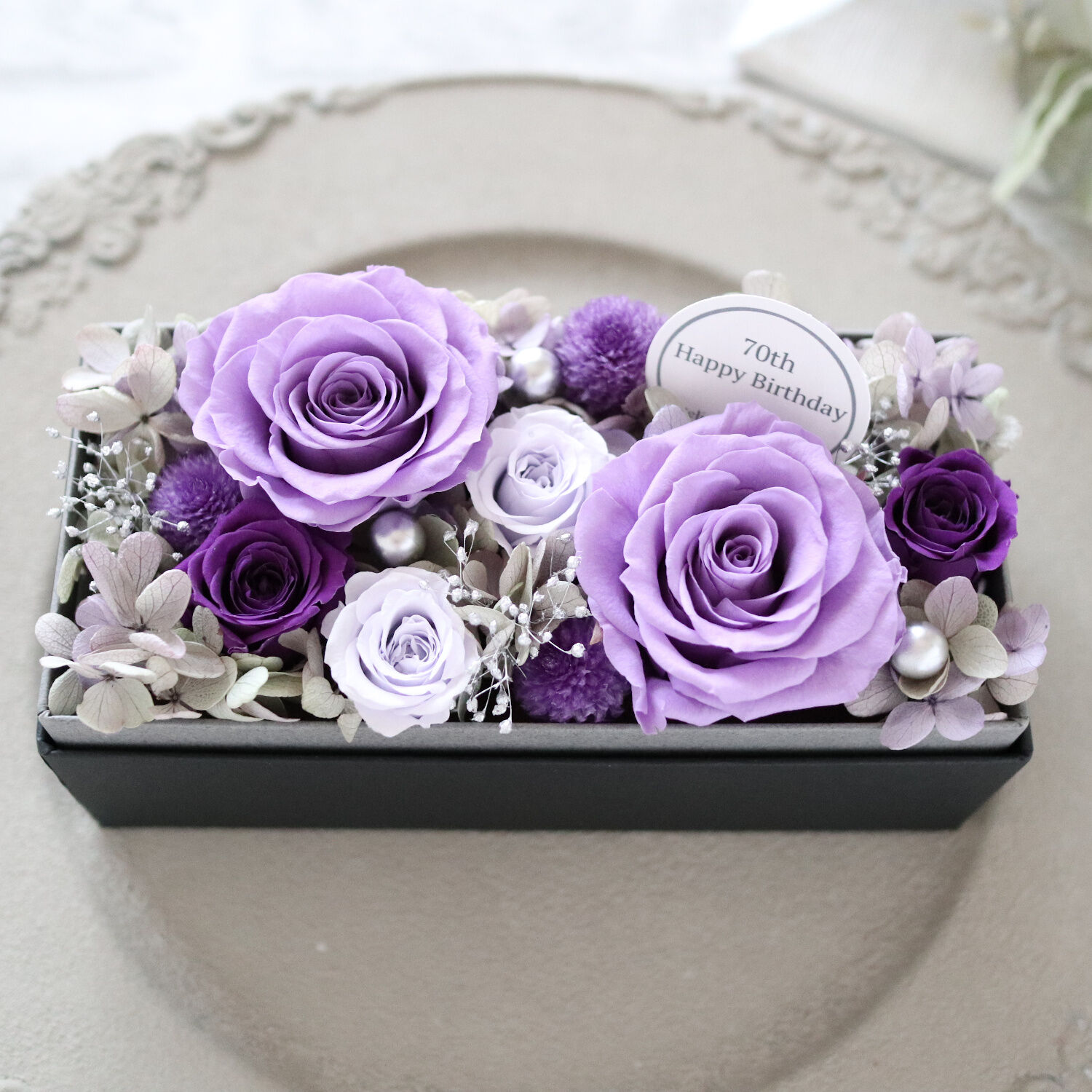 ＊*..くすみパープルのお花を添えて..＊°..贈り物におすすめです♪ Preserved Flower】ラベンダーローズの上品なくすみ系フラワーボックス