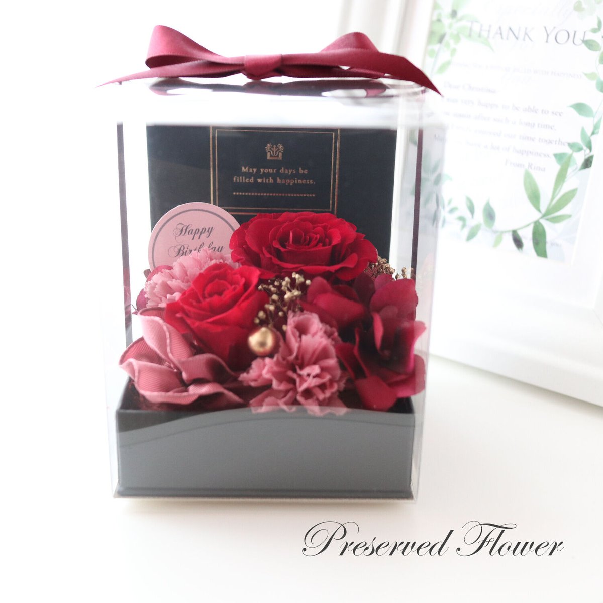 Preserved Flower】ワインレッドのバラとカーネーションのクリアケース