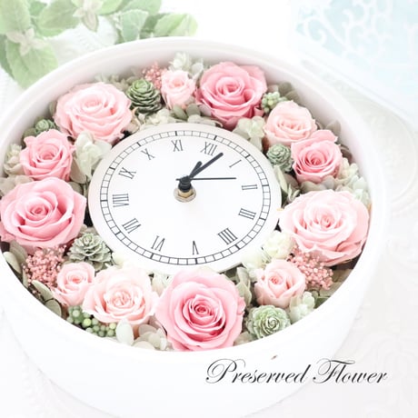 【Preserved Flower】《送料無料》愛らしいピンクのローズリース風の花時計｜結婚祝い・新築祝い・開業祝い等　pre.050