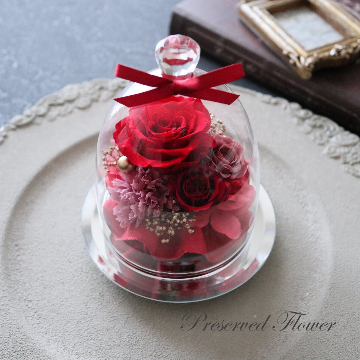 Preserved Flower】アンティークレッドの大人っぽいガラスドーム