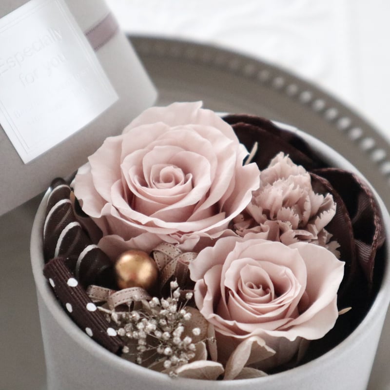 Preserved Flower】カフェ色リボンのプチフラワーボックス｜誕生日