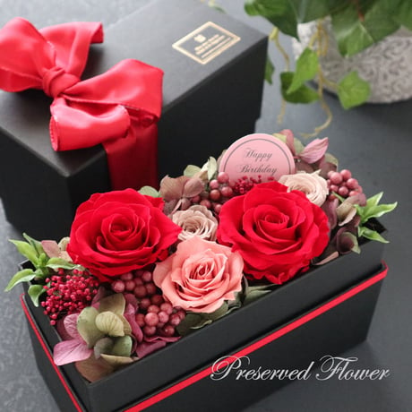 【Preserved Flower】大人カラーの華やかな赤いフラワーボックス｜記念日・結婚祝い・退職祝い等　pre.026