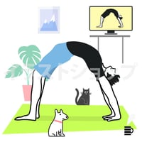 ヨガ男性イラスト　オンラインレッスン　犬と猫と上向きの弓