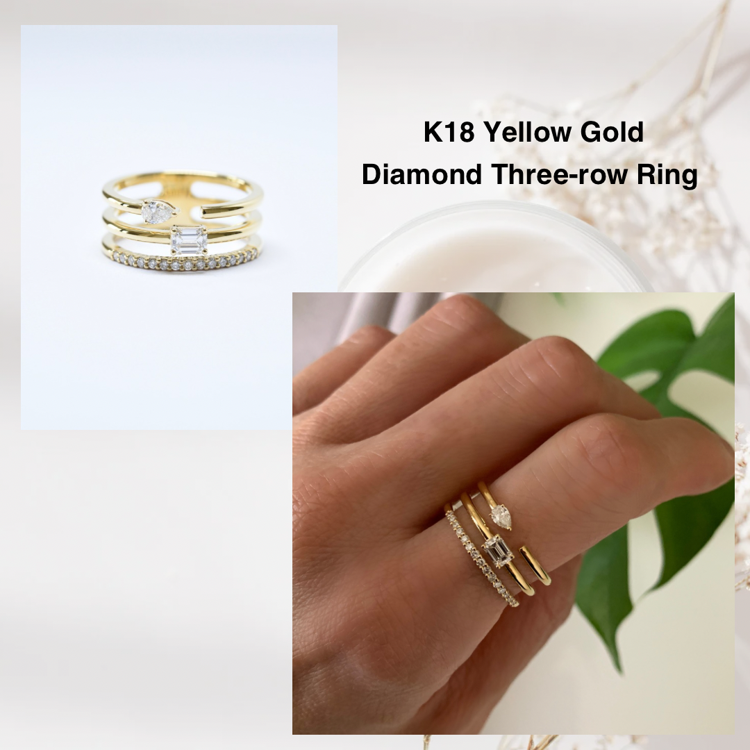 K18Diaメレー3psF.Ring K18 Mix cut Diamonds Three-Row Ring | HANA