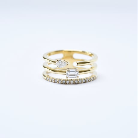 K18 Mix cut Diamonds Three-Row Ring