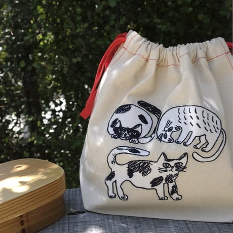 ミロコマチコ 刺繍巾着 ネコ