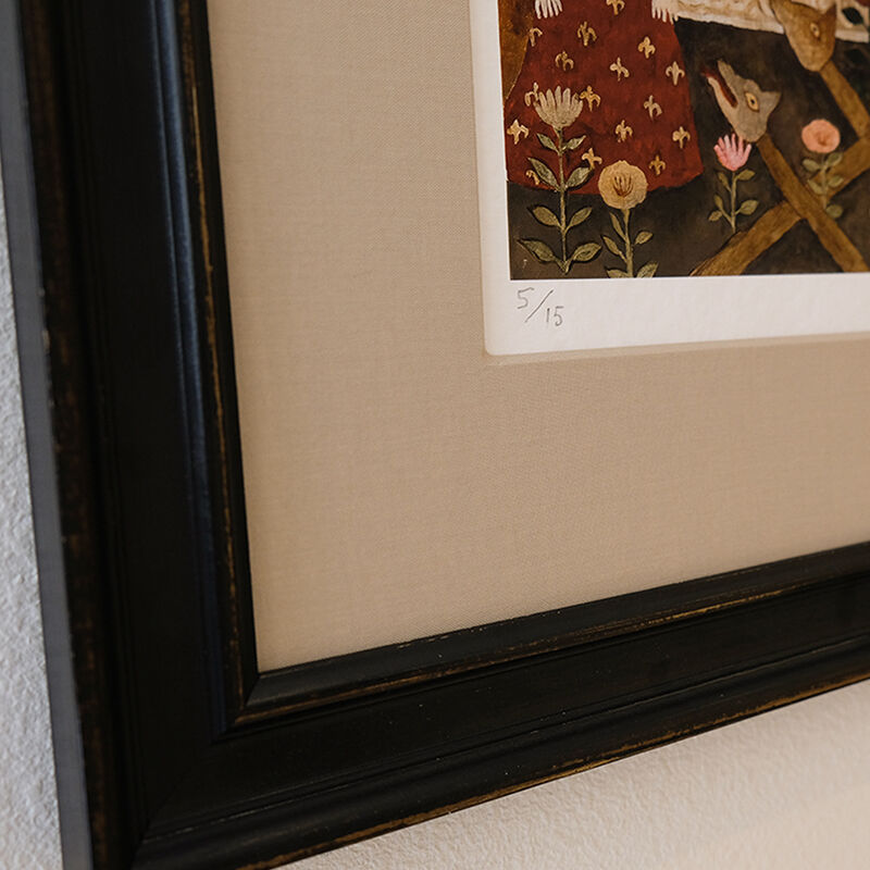 アサバマリエ 「網戸とペキニーズ」 サイン入り ジークレー版画 ジクレー 作家 アサバマリエ 「網戸とペキニーズ」 サイン入り ジークレー版画