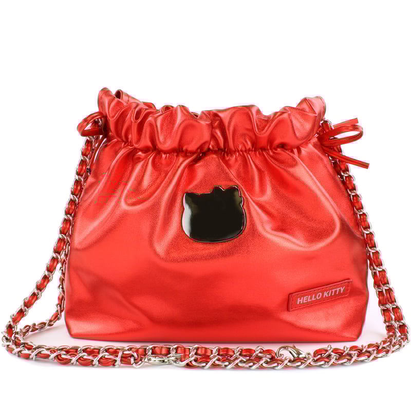 ハローキティレッド メタリックリボン巾着ショルダーバッグ
