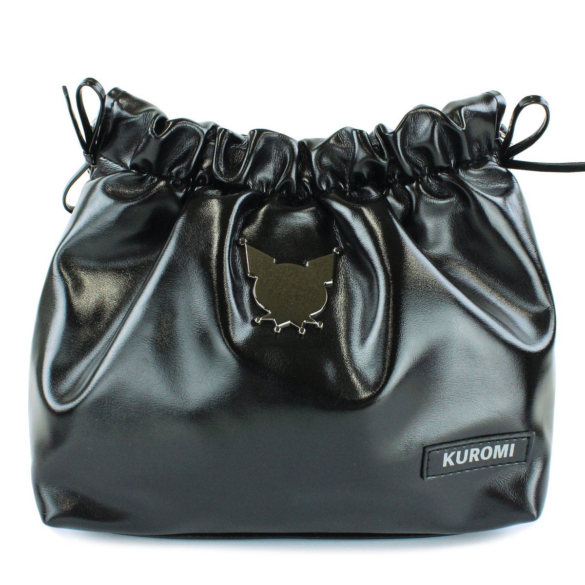 かなりレア物です。　リボン付きクロミ黒合成皮革バッグ クロミ サンリオ合皮チェックプレートリボン付 ミニショルダー