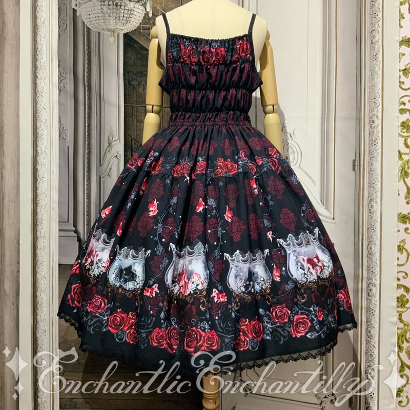 ¨̮⃝ ガーリー 薔薇文様 正絹 縮緬 身丈161 セミアンティーク 金魚姫の薔薇水庭園JSKセット(黒×赤薔薇)【6点セット】2サイズ展開