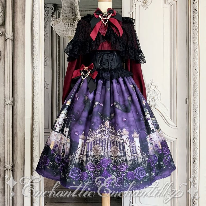 yumiko。新品タグ付き！シックで上品！薔薇のモチーフ他スカート2点 幻影薔薇城～コウモリ公爵からの招待状～スカート （紫の夜