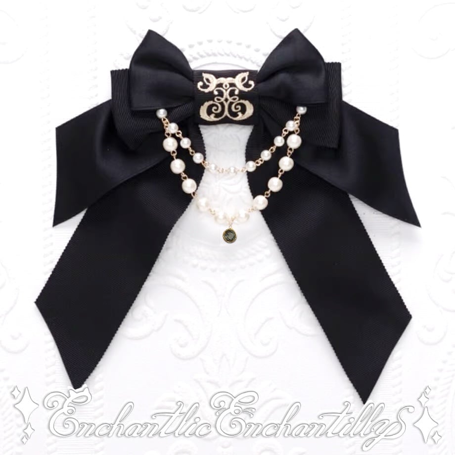アンシャンテリックアンシャンテリー　パール　リボン　刺繍　ブローチ　青×濃紺 Enchantlic Enchantilly／ロゴ刺繍パールリボンブローチ（青