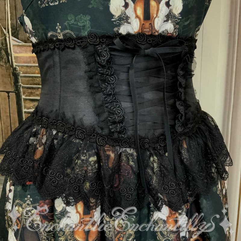 チュールレースリボンコルセット（黒×黒レース）ループ編み上げタイプ