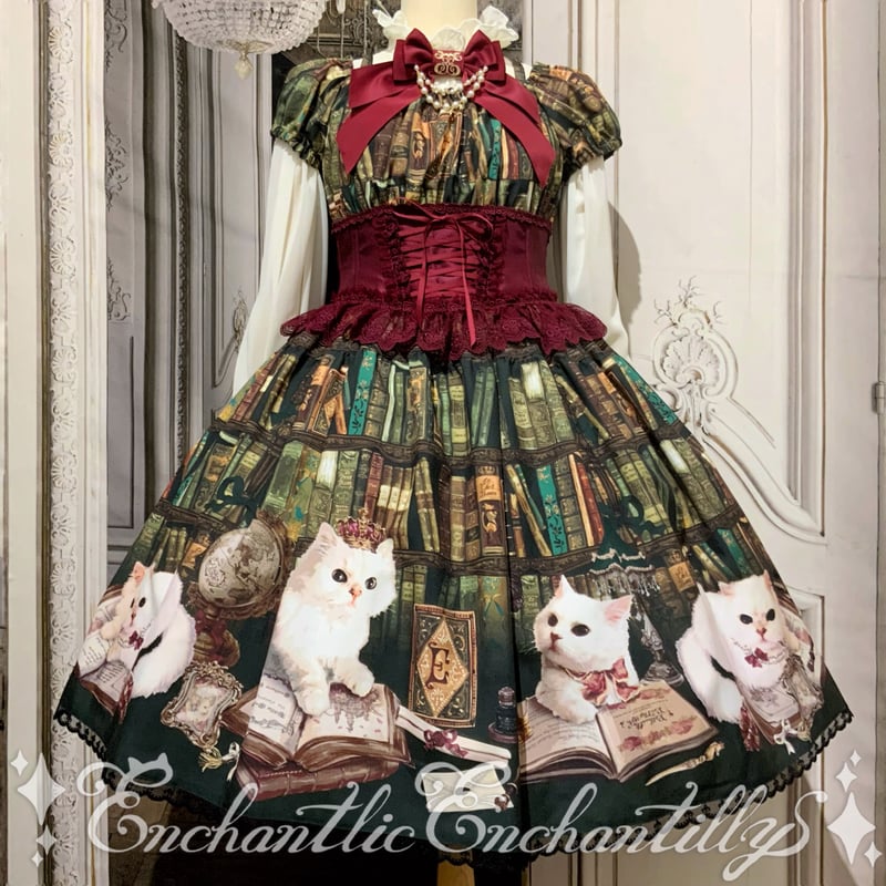 Queen cat 書斎柄 ワンピース 深緑 (ワンピースのみ) Queen Cat 〜秘密の書斎〜 ワンピース (クラシカルグリーン