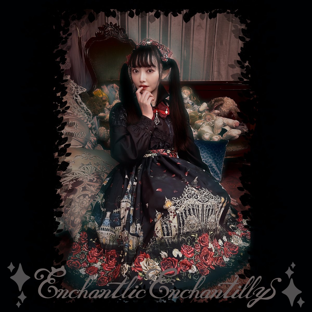 アンシャンテリックアンシャンテリー バラ柄ワンピース 黒 【公式通販】