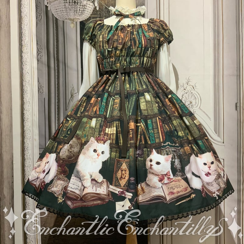 Queen cat 書斎柄 ワンピース 深緑 (ワンピースのみ) Queen Cat 〜秘密の書斎〜 ワンピース (クラシカルグリーン
