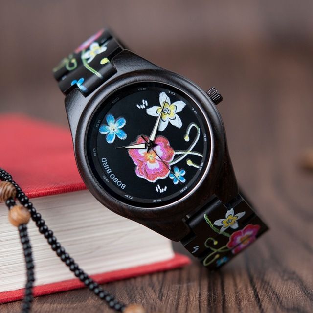 木製腕時計 黒檀 アジアン雑貨 刺繍デザイン ユニセックス腕時計 
