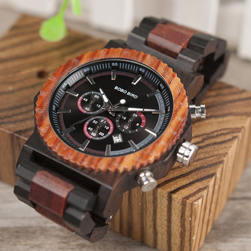 木製腕時計 メンズ ラグジュアリー 日付&クロノグラフ ディスプレイ