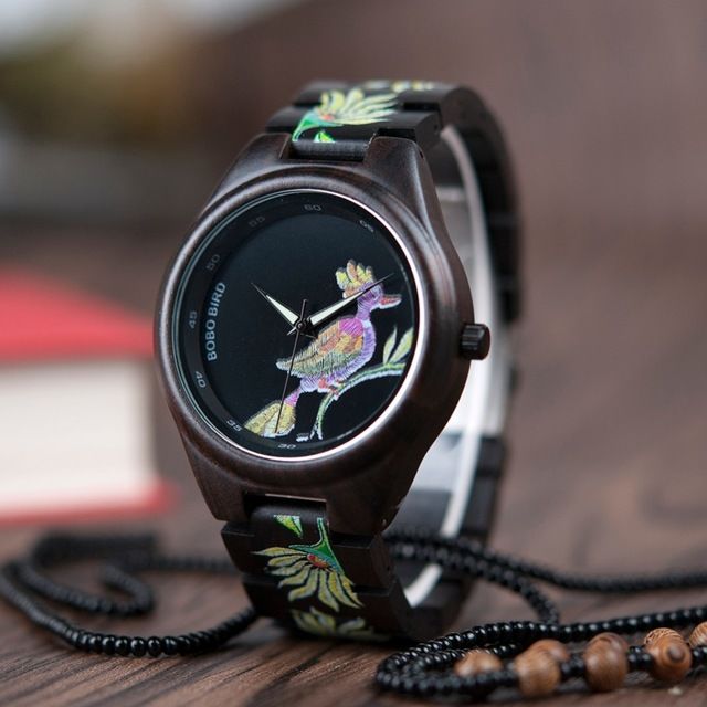 木製腕時計 黒檀 アジアン雑貨 刺繍デザイン ユニセックス腕時計 軽量 日本製クオーツ BOBO BIRD ボボバード ＊31