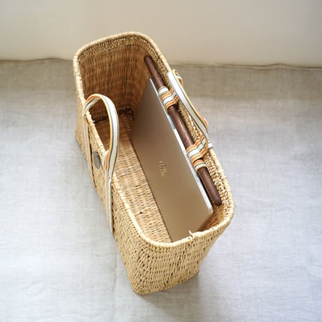 1930's French tape tote bag 『Square XL』with antique linen pocket