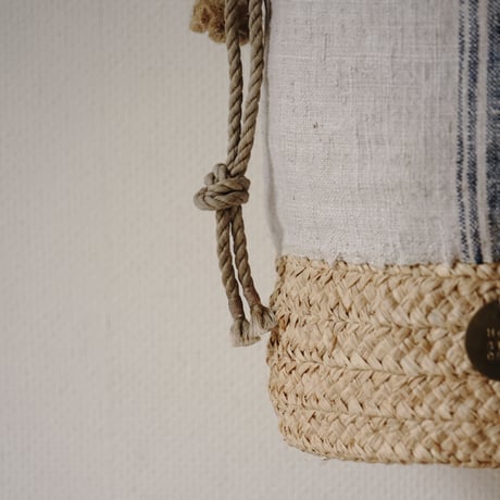 raffia basket + 1900's vintage home spun linen  with vintage rope