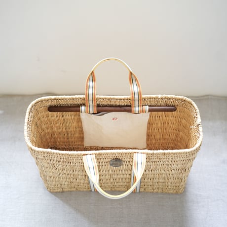 1930's French tape tote bag 『Square XL』with antique linen pocket