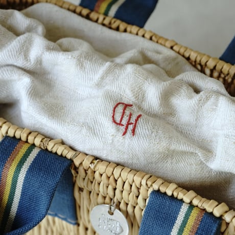 1930's espadrille tape tote basket + Antique cloth pouch