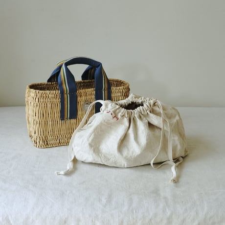 1930's espadrille tape tote basket + Antique cloth pouch